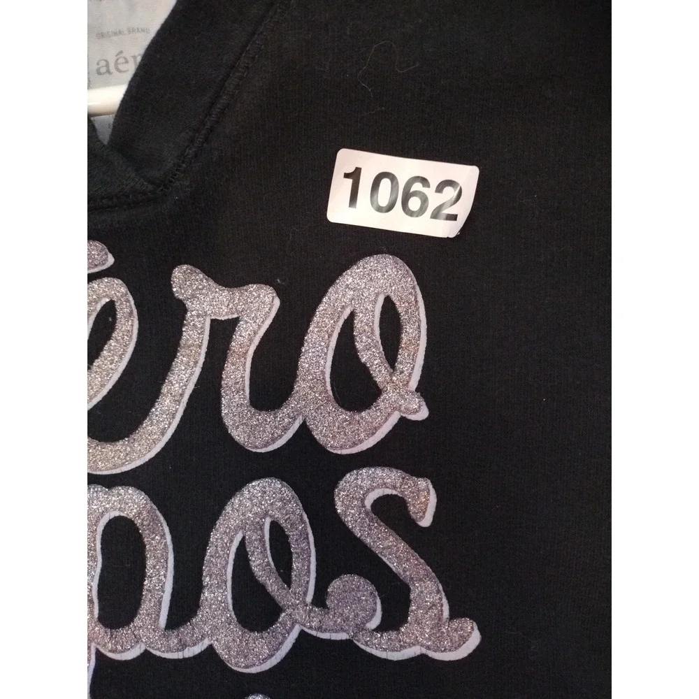 Aeropostale Hooded Sweatshirt Kid XL‎ Black Silver Glitter Logo Pullover Junior